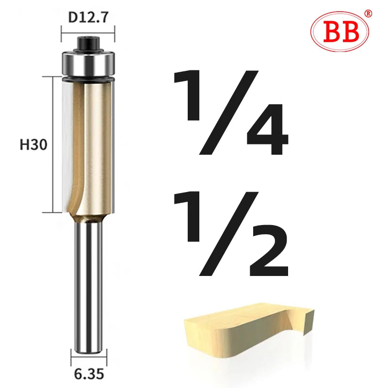 BB Router Bit Bearing Straight Flush Trimming Tool Woodworking 1/2 1/4