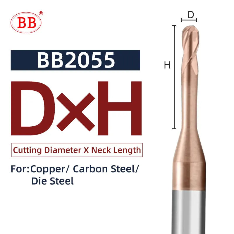 BB Micro Ball End Mill Long Neck Carbide CNC Small Mini Rib Deep Machining Cutter R0.1-R1.5 Tool for Steel Metal