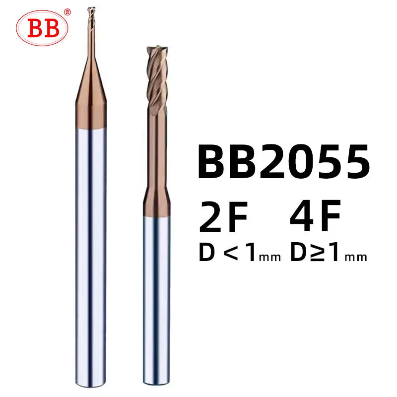 BB Micro & Long Neck Carbide End Mill 2xD Rib Cutter CNC Small Diameter 0.2 0.3 0.4 0.5 0.6 0.7 0.8 0.9mm Mini
