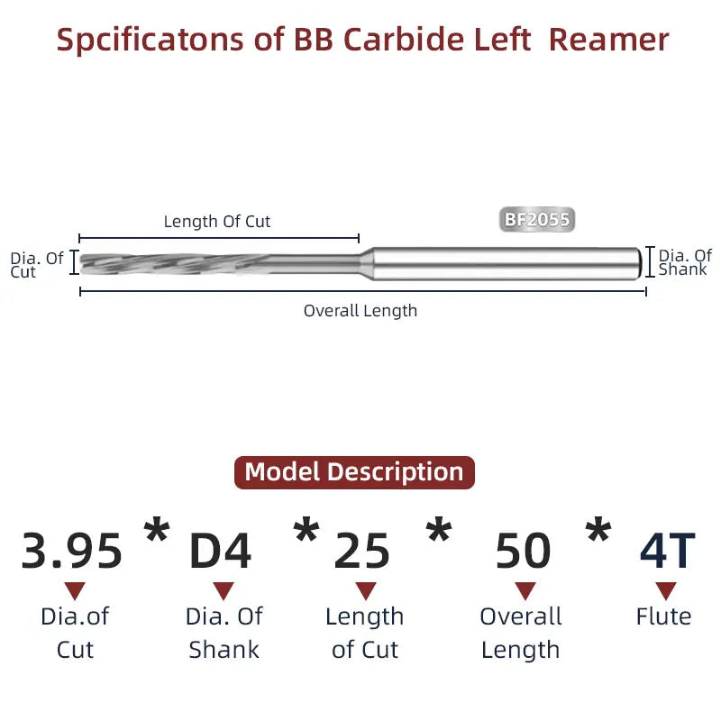 BB Carbide Left-Hand Spiral Flute Reamer | PRO Series BF2055 | Ø2.23–3.95mm External Cooling