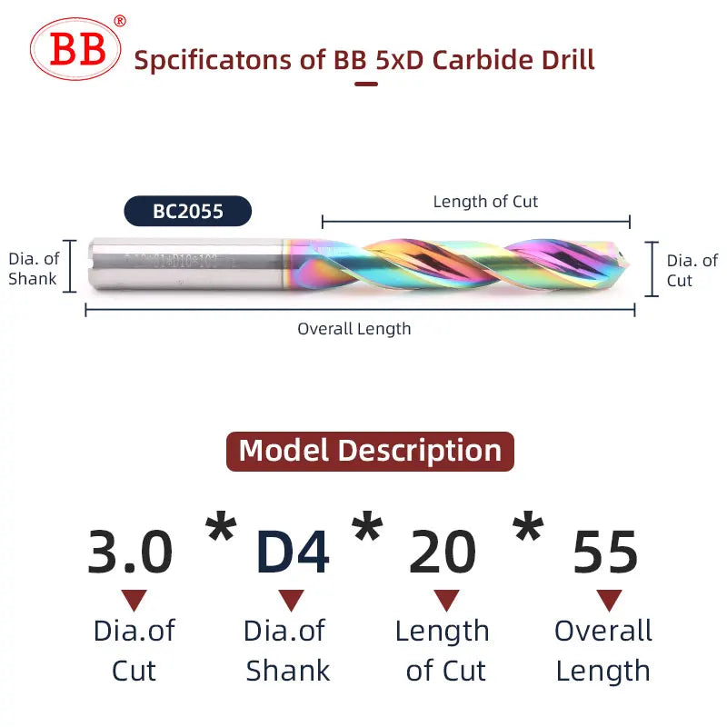 BB Solid Carbide Internal Cooling Drill DLC PRO Bit Hole Drilling 5xD Cutting CNC Tool for Aluminum Diameter 3.0-20mm