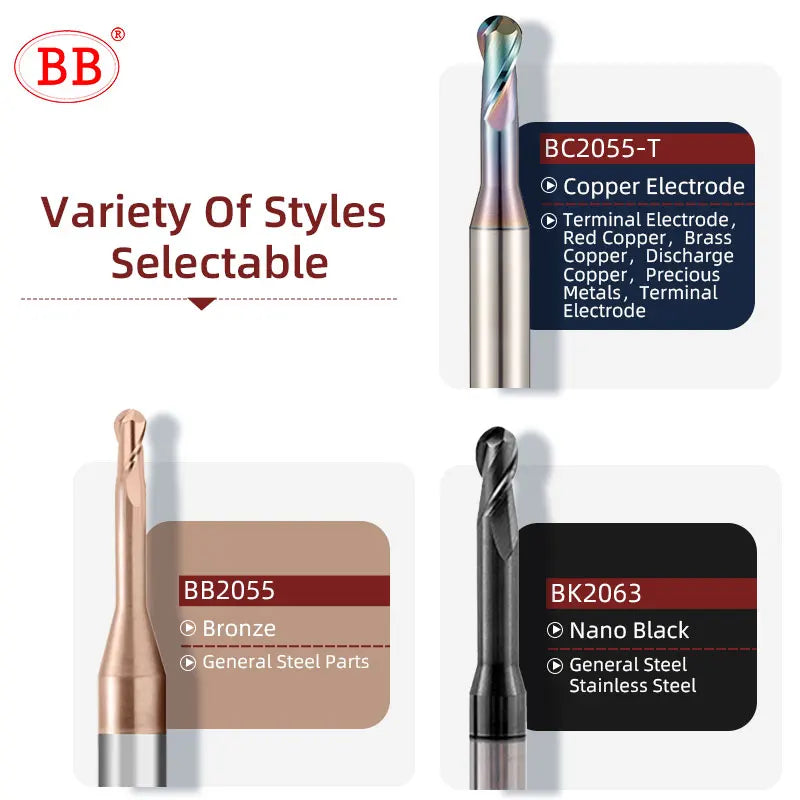 Fraise à boulets micro BB, outil de coupe à long col (R0.15-R1.5, BB2050)