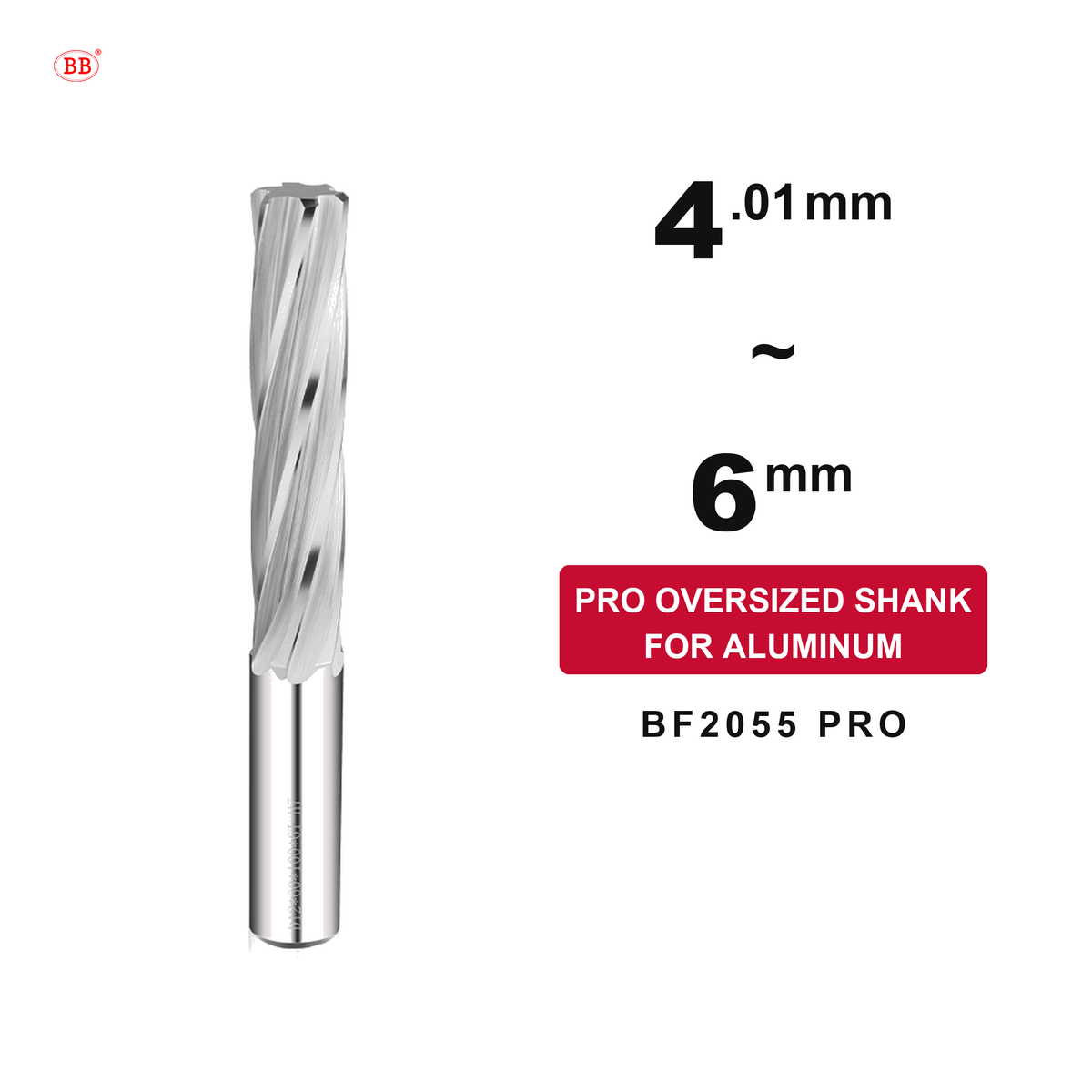 BF2055 PRO Spiral Flute Carbide Reamer for Aluminum, Oversized Shank, Diameter 4.01-6mm