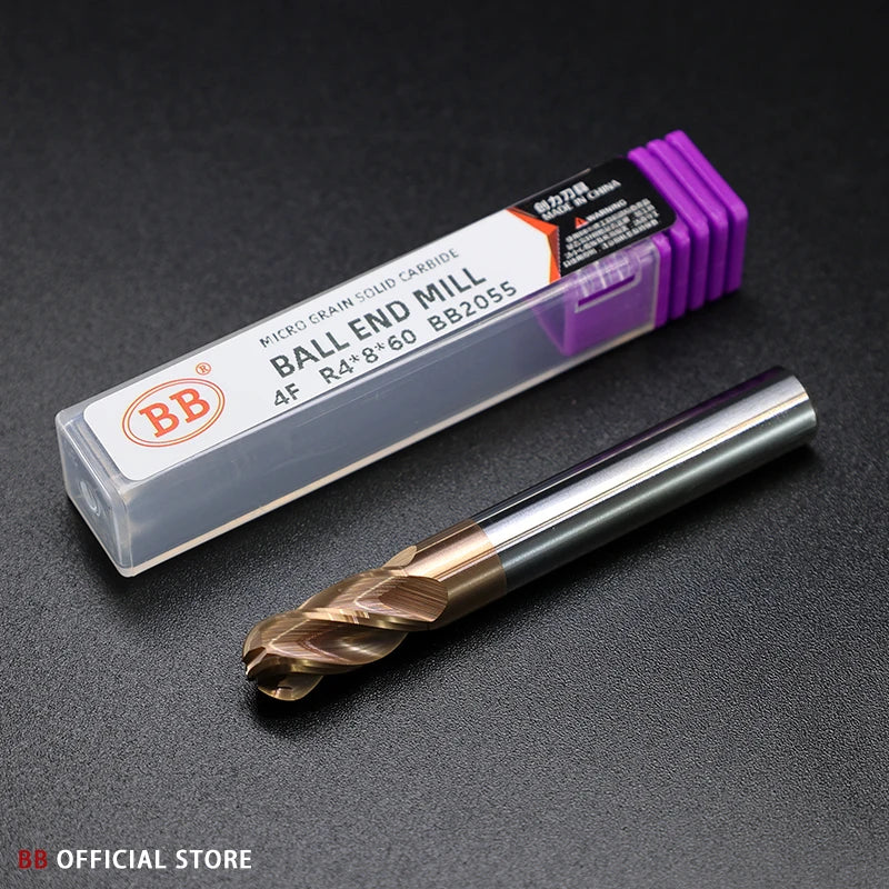 BB Ball Nose End Mill – 3 & 4 Flute Solid Carbide | R0.5–R10 | Finishing | BF2055 & BB2055