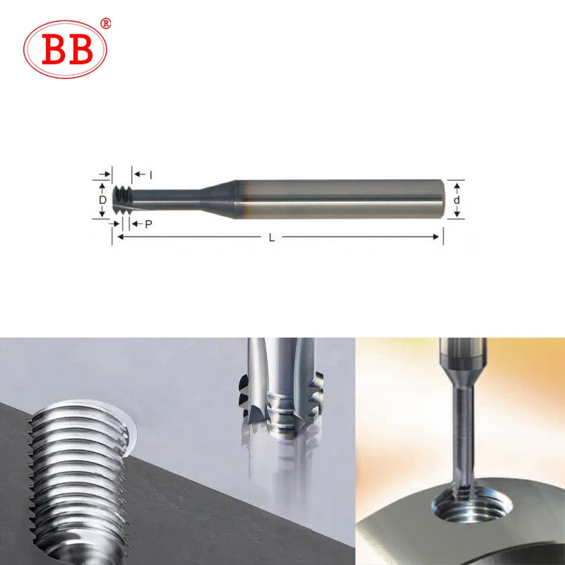 BB Thread Mill Coated Solid Carbide 3 Teeth Miniature ISO UNC UNF Pitch CNC Internal Machining Cutter Tool M3 M4 M5 M6 M8 Tap