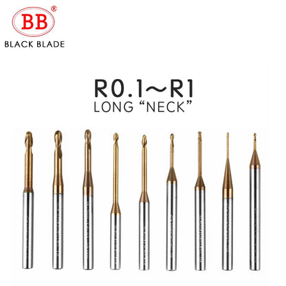 BB Micro Ball End Mill Long Neck Carbide CNC Small Mini Rib Deep Machining Cutter R0.1-R1.5 Tool for Steel Metal