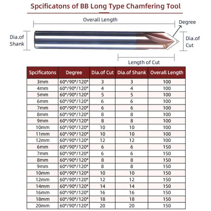 Long-Reach Carbide Chamfer Mill | 60° / 90° / 120° | 75–150mm | BB Tool