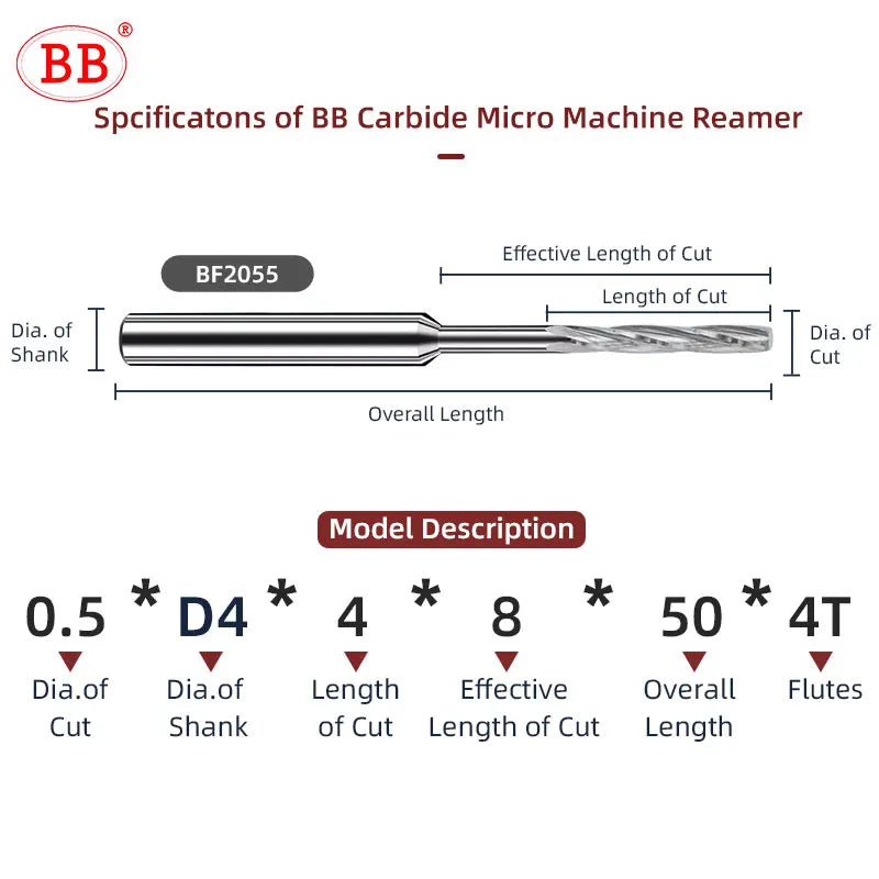 BB Machine Reamer 0.5mm-2.22mm Micro Carbide Spiral Flute Bright PRO CNC External Cooling D4 for Aluminum Small Hole Making