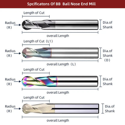 BB Ball Nose End Mill CNC Machining Cutter Solid Carbide Radius Tool DLC Coated for Alloy Aluminum Copper Stainless Steel R0.5