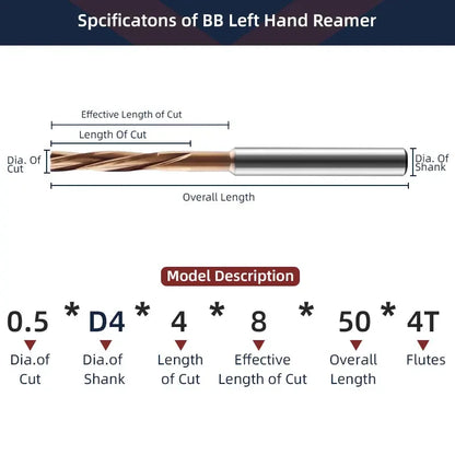 BB Machine Reamer Left Hand Micro Carbide Spiral Flute Coated PRO CNC External Cooling Aluminum Small Hole Making 2.23mm-3.95mm