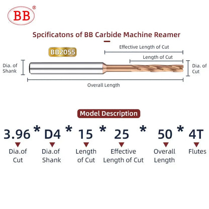 BB Reamer H7 1-12mm Carbide Spiral Flute Pro External Cooling Coated Machine for Metal Steel BB2055
