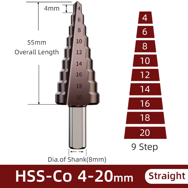 BB Step Drill Bit HSS 4-12 4-20 4-32 Titanium Coated Cobalt Cone Spiral Straight Flute Steel Wood Metal Hole