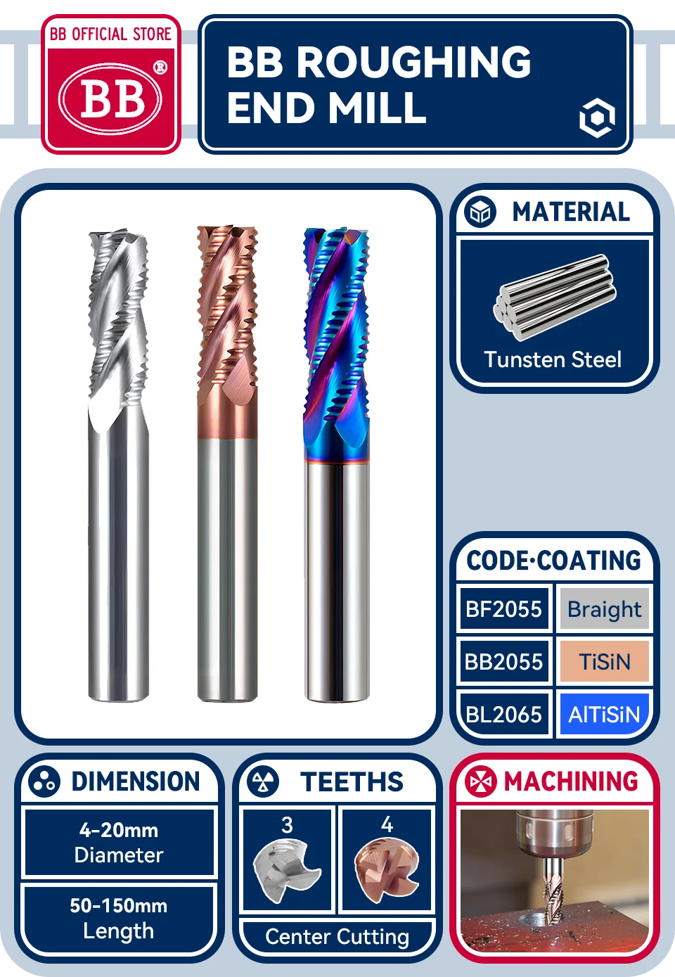 BB Roughing End Mill Solid Carbide CNC Machining 3 Flutes 4 Teeth for Metal Steel Iron Aluminum MDF Acrylic Wood Copper Plastic