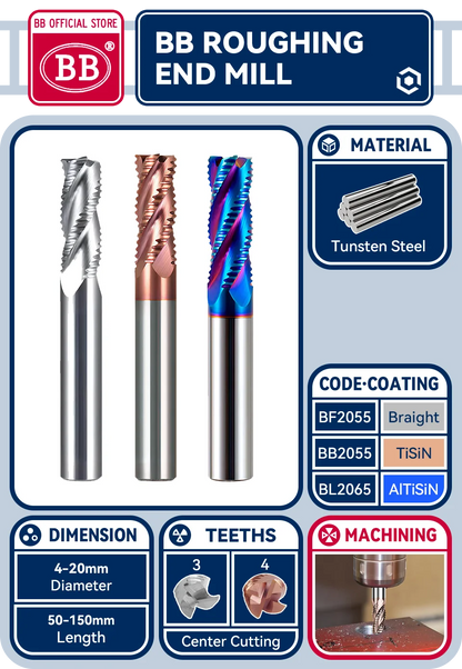 BB Roughing End Mill Solid Carbide CNC Machining 3 Flutes 4 Teeth for Metal Steel Iron Aluminum MDF Acrylic Wood Copper Plastic