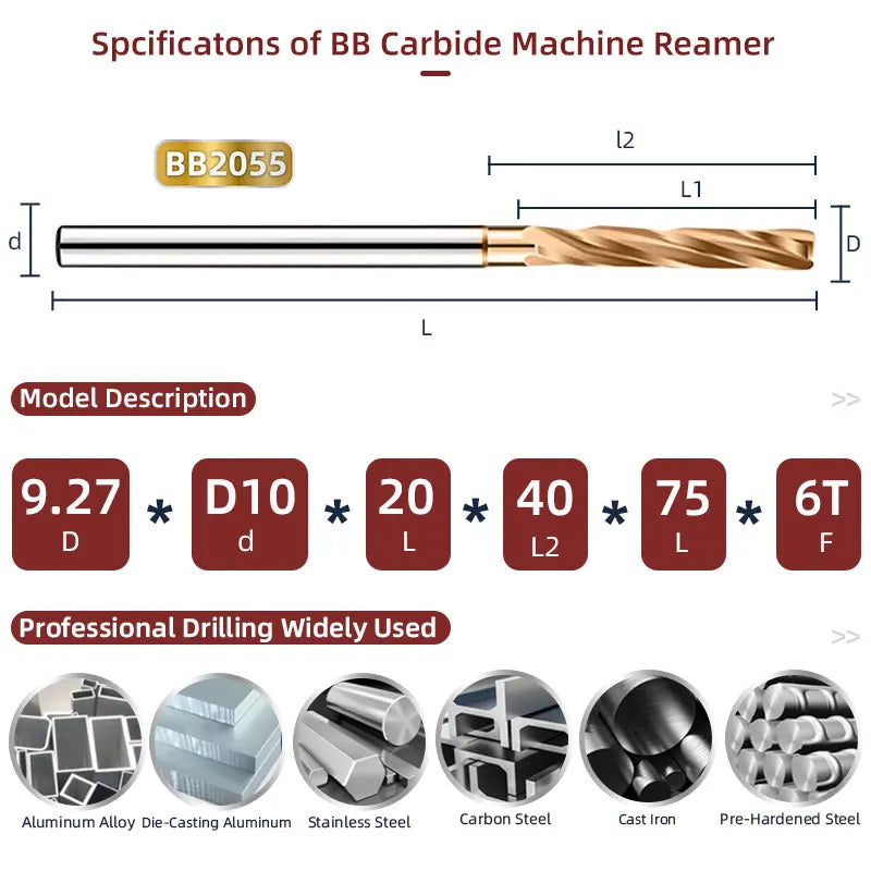 BB Reamer 9.27-10.99mm Carbide Spiral Flute Pro External Cooling Coated CNC Machine for Metal Steel BB2055