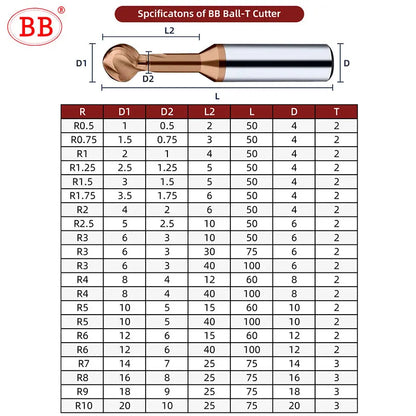 BB Ball T Shape Cutter Undercutting 3D Arc Ball Nose Tool R2 R3 R4 R5 R6 Wood Plastic Metal BC2055 BB2055