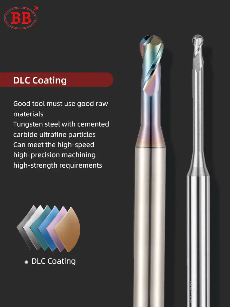 BB Micro Ball End Mill Long Neck Aluminum Copper Small Carbide Milling Cutter CNC Machining Tool (R0.1-R0.45,BC2055-T)