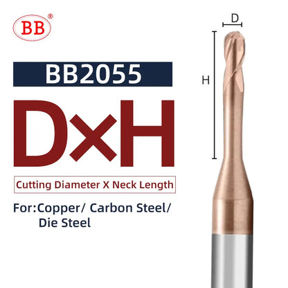 BB Micro Ball End Mill Long Neck Carbide CNC Small Mini Rib Deep Machining Cutter R0.1-R1.5 Tool for Steel Metal
