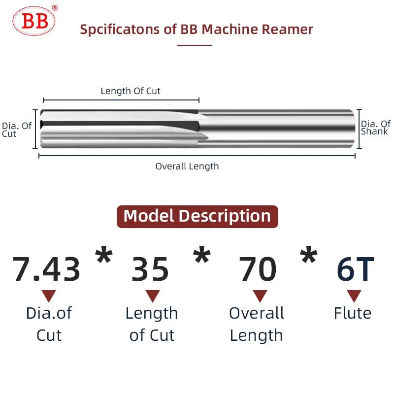 BB Machine Reamer 7.43mm~12.09mm Straight Flute Solid Carbide Uncoated Tolerance Chucking Metal Cutter CNC for Aluminum