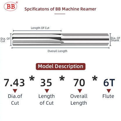BB Machine Reamer 7.43mm~12.09mm Straight Flute Solid Carbide Uncoated Tolerance Chucking Metal Cutter CNC for Aluminum