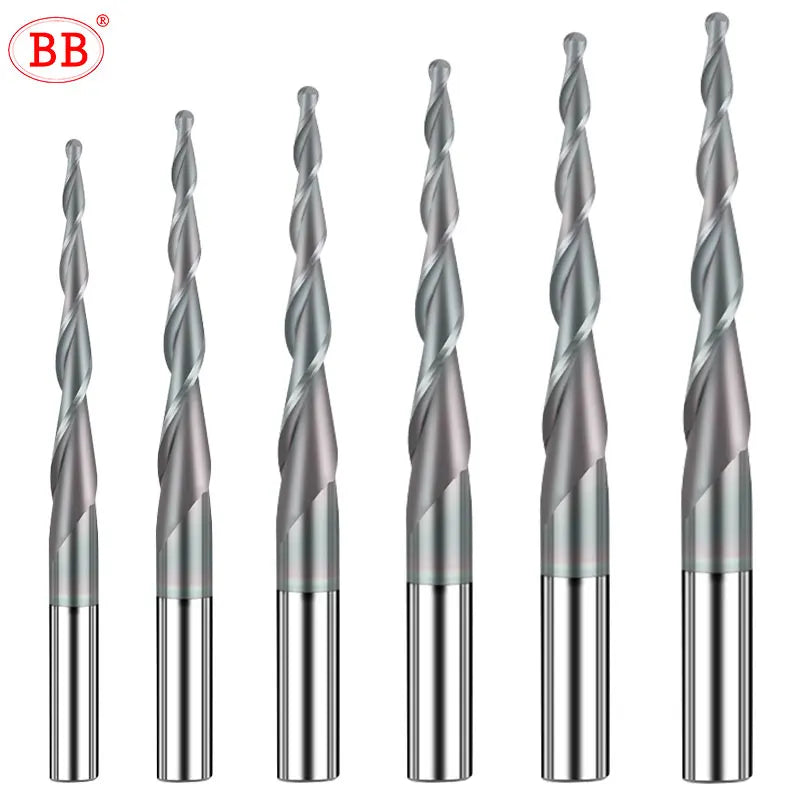BB Taper Ball Nose End Mill Solid Carbide Engraving Router Bit Relief Wood Metal CNC Milling Cutter Coated 3.175mm 4mm 8mm 10mm