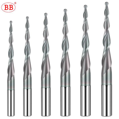 BB Taper Ball Nose End Mill Solid Carbide Engraving Router Bit Relief Wood Metal CNC Milling Cutter Coated 3.175mm 4mm 8mm 10mm