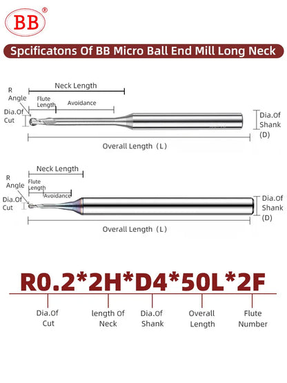 BB Micro Ball End Mill Long Neck Aluminum Copper Small Carbide Milling Cutter CNC Deep Machining Tool R0.1-R0.45