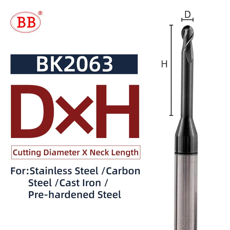 BB Micro Ball End Mill Long Neck Carbide CNC Small Mini Rib Deep Machining Cutter R0.1-R1.5 Tool for Steel Metal