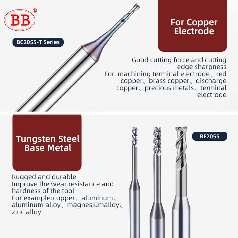 BB Micro End Mill Long Neck 0.1mm~3mm for Aluminum Alloy Copper Electrode Plastic Nonmetal CNC Machining Solid Carbide Cutter