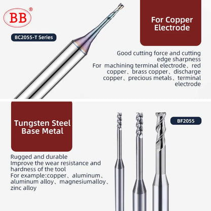 BB Micro End Mill Long Neck 0.1mm~3mm for Aluminum Alloy Copper Electrode Plastic Nonmetal CNC Machining Solid Carbide Cutter