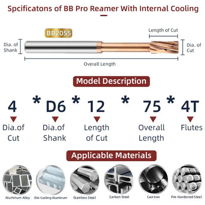 BB Carbide Reamer Internal Cooling Coated Tungsten Steel Spiral Flute H7 CNC Machine Hole Drilling Tool for Metal Steel Alloy