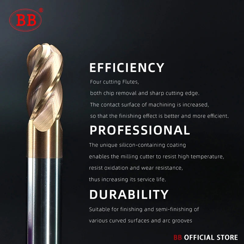 BB Ball Nose End Mill – 3 & 4 Flute Solid Carbide | R0.5–R10 | Finishing | BF2055 & BB2055