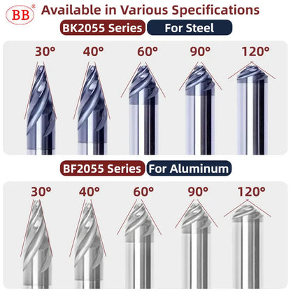 BB Chamfer Cutter Spiral Flute Carbide End Mill 30 40 60 90 120 Degree Steel Aluminum