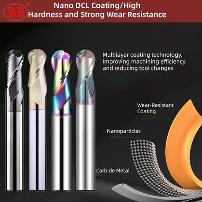 BB Ball Nose End Mill CNC Machining Cutter Solid Carbide Radius Tool DLC Coated for Alloy Aluminum Copper BC2055