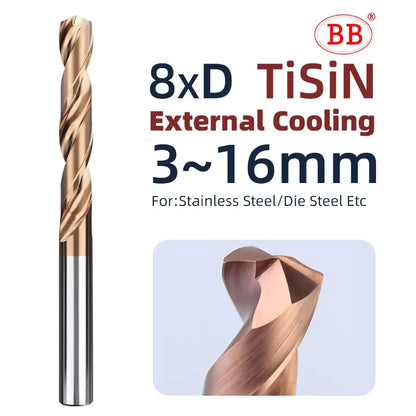 BB Carbide Drill 8xD CNC Long Deep Hole Machining Coated Flute Internal Coolant for Steel Metal Tool Diameter 3-16mm