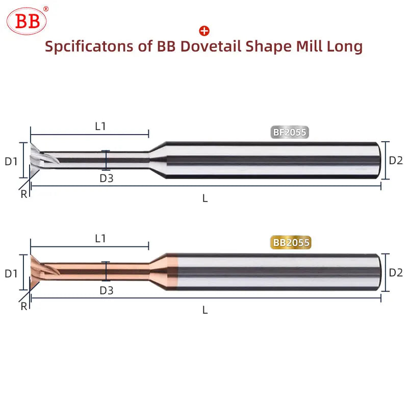 BB Carbide Dovetail Mill Cutter Spiral Flute CNC Slot Long Cutting Length Tool Diameter 1mm-20mm