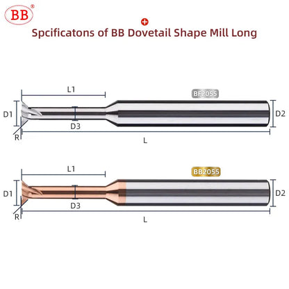 BB Carbide Dovetail Mill Cutter Spiral Flute CNC Slot Long Cutting Length Tool Diameter 1mm-20mm