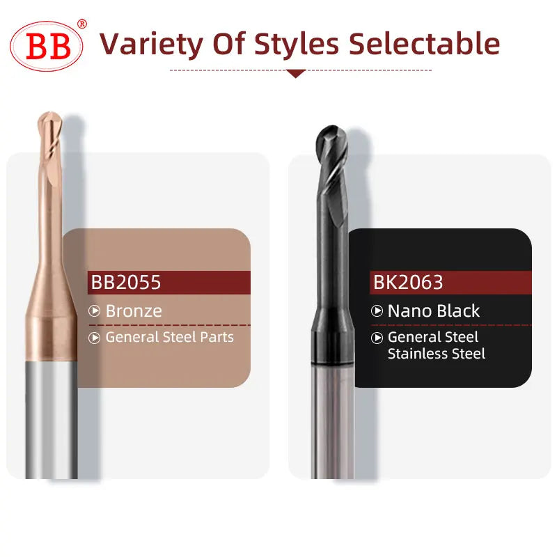 BB Micro Ball End Mill Long Neck Carbide CNC Small Mini Rib Deep Machining Cutter R0.1-R1.5 Tool for Steel Metal