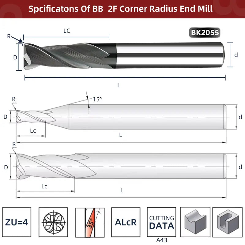 BB 2F Corner Radius End Mill for Metal Steel Iron BK2055