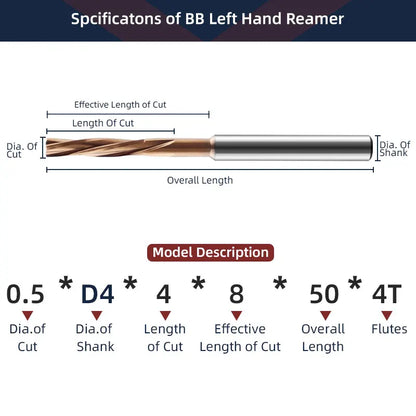 BB Reamer Left Hand 0.5mm-2.22mm BB2055 Micro Carbide Spiral Flute Coated PRO External Cooling Aluminum Small Hole Making