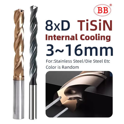 BB Carbide Drill 8xD CNC Long Deep Hole Machining Coated Flute Internal Coolant for Steel Metal Tool Diameter 3-16mm