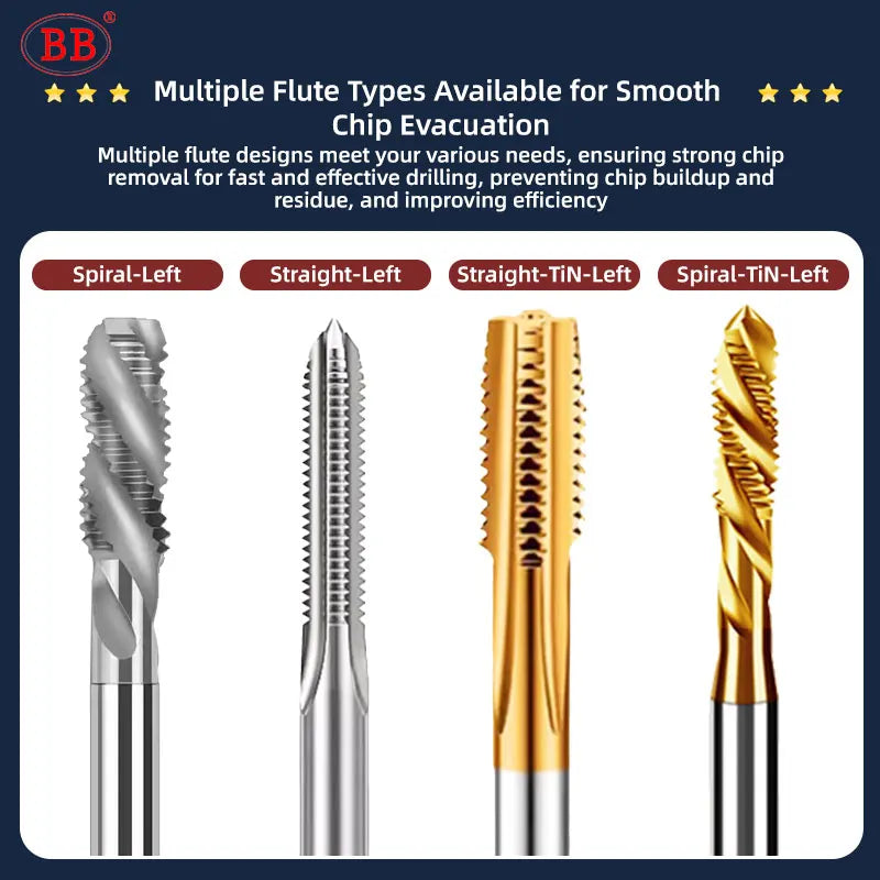 BB Left Tap Machine Thread Tool Spiral Straight Flute TiN HSS M2-M20 for Metal