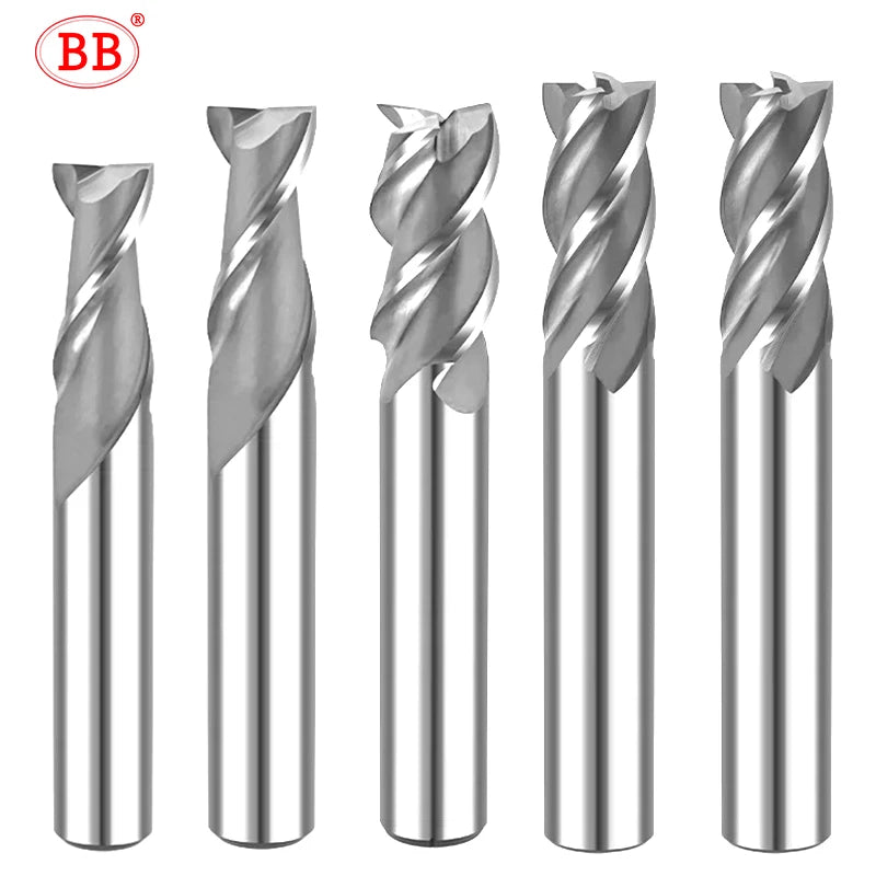 BB End Mill HSS 2 3 4 Flute CNC Teeth Cutter ISO Imperial Low Speed Machining Tool Metal Steel Plastic Diameter 1-15mm