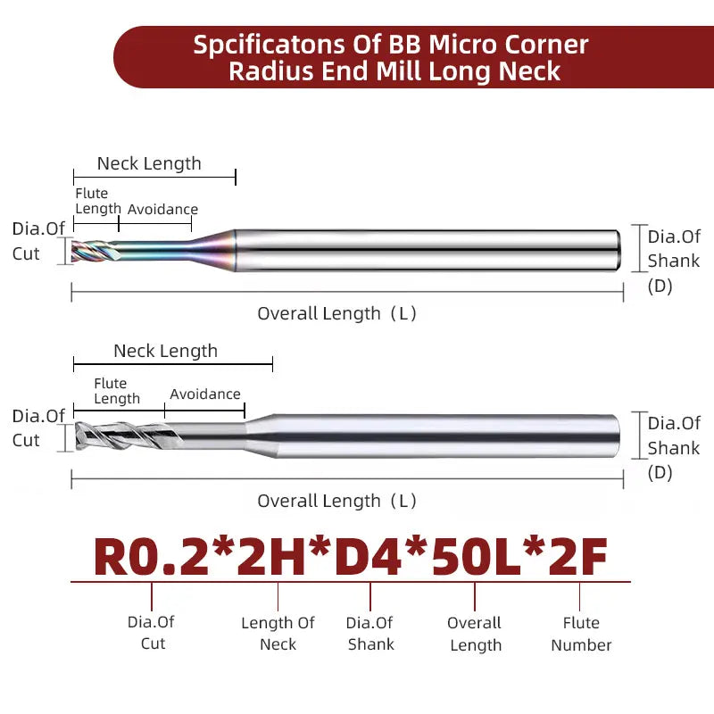BB Micro End Mill Long Neck 0.1mm~3mm for Aluminum Alloy Copper Electrode Plastic Nonmetal CNC Machining Solid Carbide Cutter