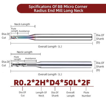 BB Micro End Mill Long Neck 0.1mm~3mm for Aluminum Alloy Copper Electrode Plastic Nonmetal CNC Machining Solid Carbide Cutter