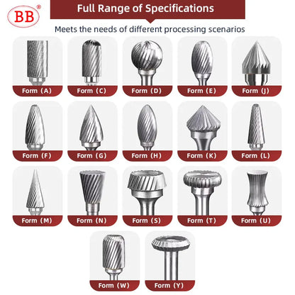 BB Rotary Files Carbide Burrs Deburring Milling Tool M Type 6mm 8mm 10mm Shank Grinder for Metal