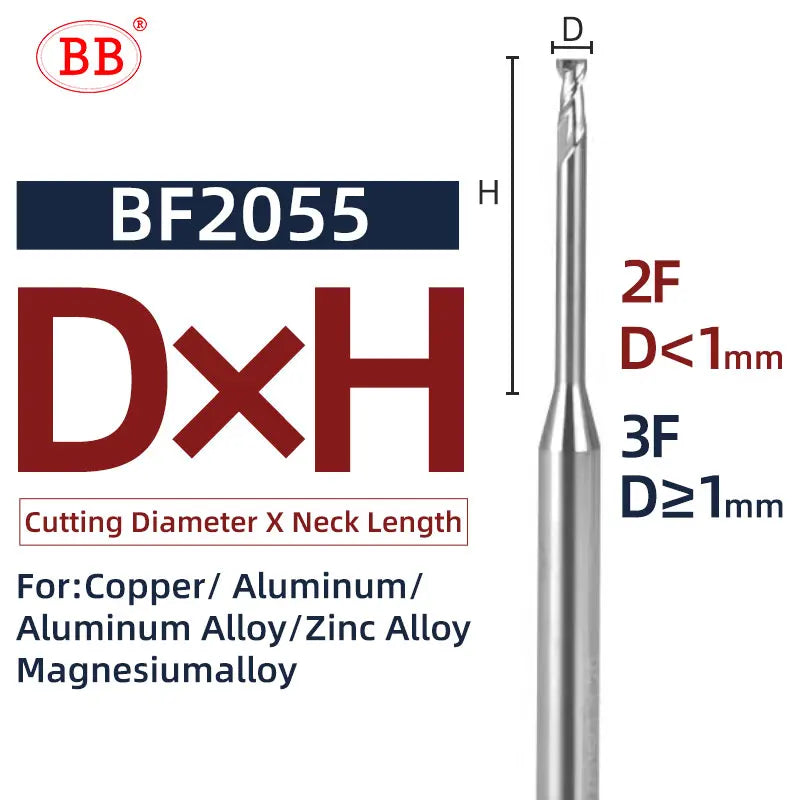 BB Micro End Mill Long Neck 0.1mm~3mm for Aluminum Alloy Copper Electrode Plastic Nonmetal CNC Machining Solid Carbide Cutter
