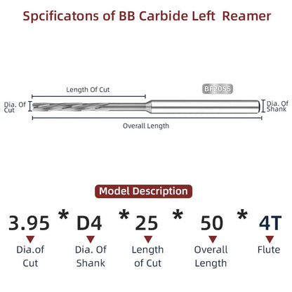 BB Carbide Left-Hand Spiral Flute Reamer | PRO Series BF2055 | Ø2.23–3.95mm External Cooling