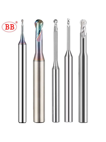 BB Micro Ball End Mill Long Neck Aluminum Copper Small Carbide Milling Cutter CNC Machining Tool (R0.1-R0.45,BC2055-T)