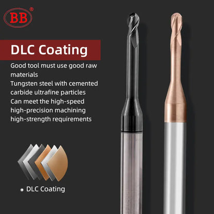BB Micro Ball End Mill Long Neck Carbide CNC Small Mini Rib Deep Machining Cutter R0.1-R1.5 Tool for Steel Metal